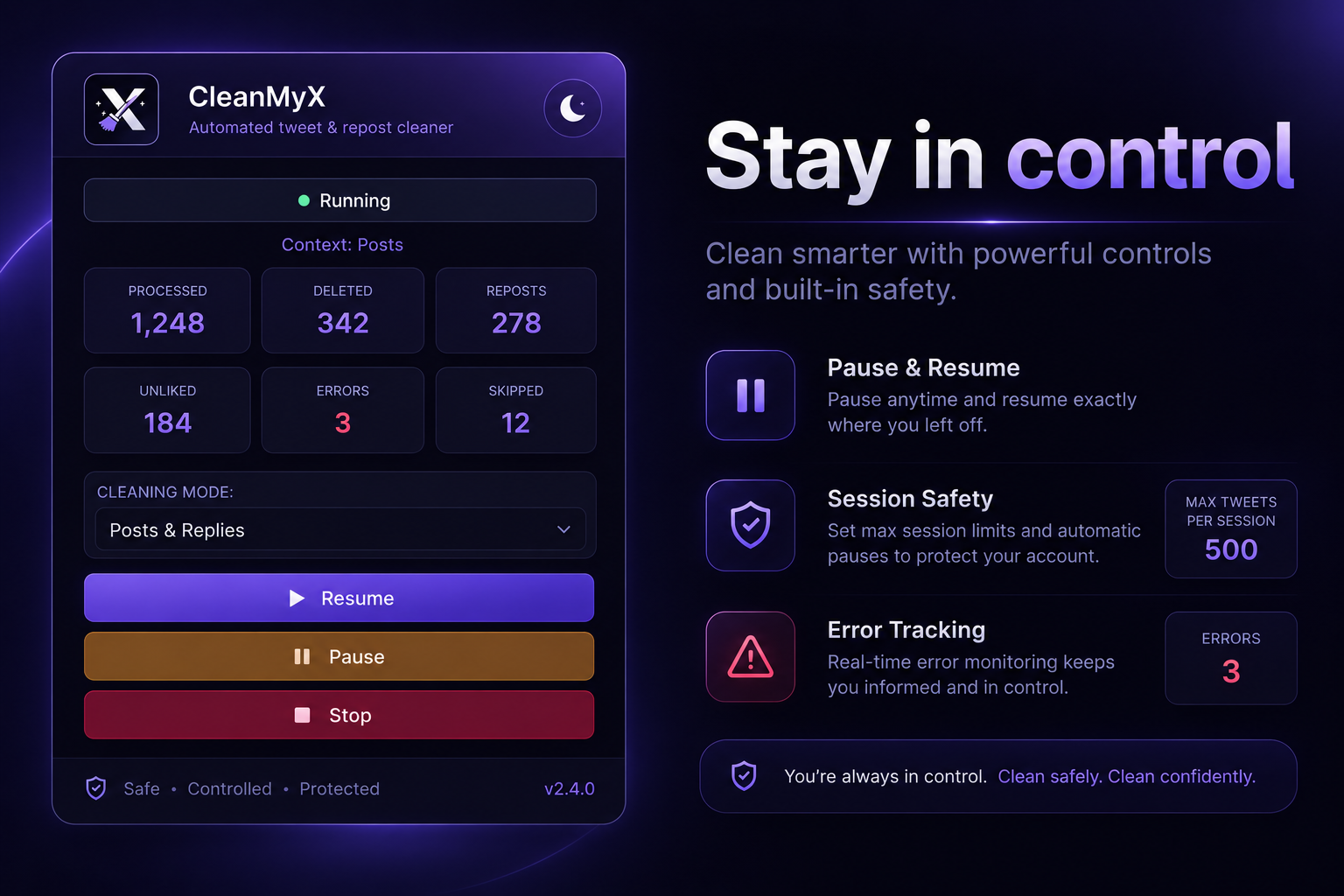 CleanMyX safety controls and session status