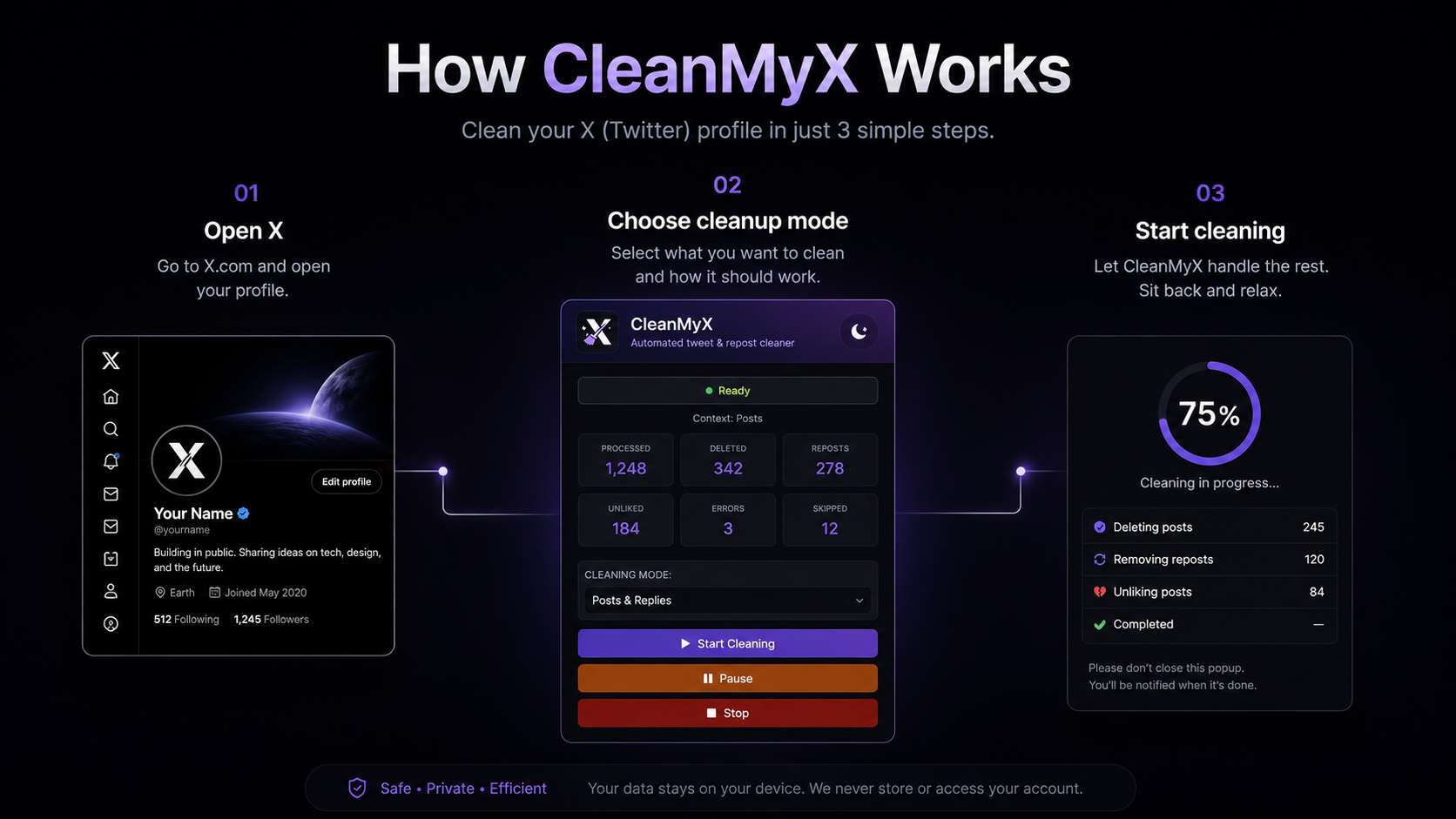 CleanMyX workflow showing cleanup steps